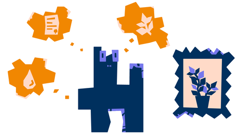 Abstrakte blaue Figur mit drei Gedankenblasen. In einer ist ein Wassertropfen, in einer anderen ein Blatt Papier und in der dritten ein Blatt abgebildet. Rechts neben der Figur befindet sich ein Bild einer Pflanze.