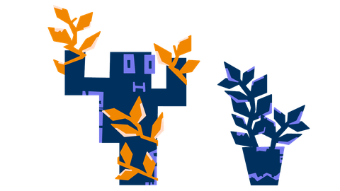 Links ist eine abstrakte blaue Figur zu sehen. Die Arme gehen nach oben und um die Beine und Arme ranken sich orangene Blätter. Rechts von der Figur befindet sich eine abstrakte Topffplanze.