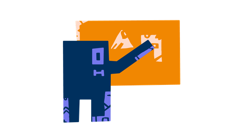 Eine abstrakte, blaue Figur zeigt auf die Anschrift an einer orangefarbenen Tafel.