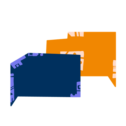 Zwei sich leicht überlappende, rechteckige Sprechblasen, die vordere ist blau und die hintere orange.