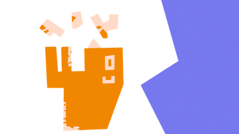 Angebildet ist eine abstrakte orange Figur, die glücklich aussieht. Einzelne Bausteine fliegen um sie herum und in sie hinein.
