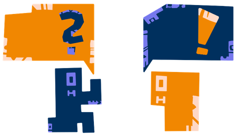 zwei Figuren stehen sich gegenüber und sehen sich an, über der linken, blauen Figur befindet sich eine Sprechblase mit Fragezeichen, über der rechten, orangen Figur eine Sprechblase mit Ausrufezeichen