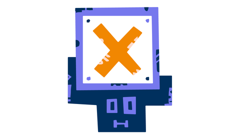 Abgebildet ist der Kopf einer abstrakten blauen Person. Über ihrem Kopf hält sie ein Schild mit einem orangen X auf weißem Hintergrund. Das Schild hat einen blauen Rahmen.