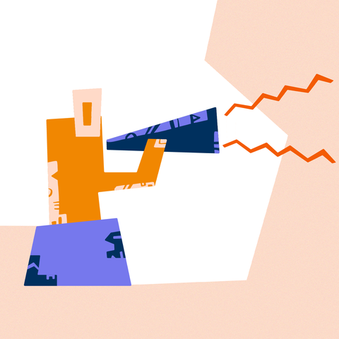 Links steht eine abstrakte Figur auf einem Podest. Sie hält ein Megafon, dessen Öffnung nach rechts gerichtet ist. Daraus kommen orange, gezackte Linien.  Es wirkt, als würde die Figur etwas sehr laut mitteilen.