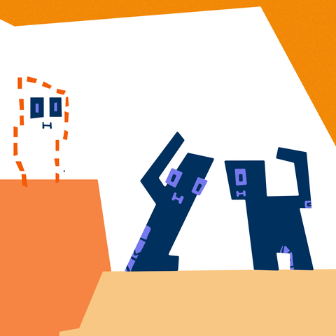 Zwei einander zugewandte, abstrakte, blaue Figuren stehen rechts auf einem Podest. Links erhöht steht eine weitere Figur mit gestrichelter Kontur. Diese wirkt von den blauen Figuren ausgeschlossen.