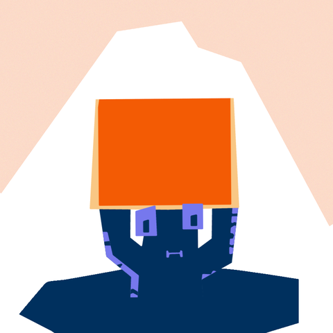 Aus einer blauen, rundlichen Fläche ragt eine abstrakte Figur heraus. Sie hält eine orange Kiste mit beiden Händen über ihrem Kopf. Die Kiste wirkt wie eine Last. Davon scheint die Figur in ein Loch gedrückt zu werden.