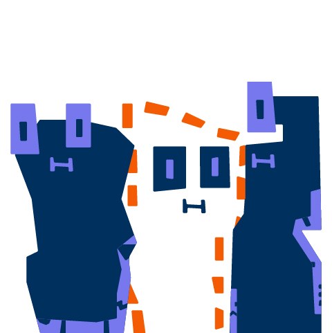 Drei Figuren stehen nebeneinander und blicken nach vorn. Die Figuren rechts und links sind flächig dunkelblau gefärbt. Die Figur in der Mitte ist nicht flächig eingefärbt und hat lediglich eine orangefarbene gestrichelte Kontur.