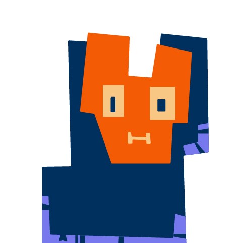 Eine dunkelblaue Figur steht mittig im Bild und hat eine orangefarbene Maske mit aufgemalten Augen und Mund über dem Gesicht.