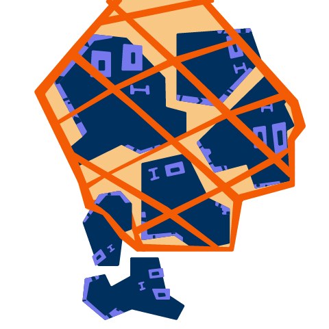 Mehrere dunkelblaue Figuren befinden sich wie Fische beim Fischfang in einem großen orangefarbenen Netz. Eine Figur ist aus dem Netz herausgefallen und liegt auf dem Boden. Eine andere Figur scheint gerade aus dem Netz herauszufallen.
