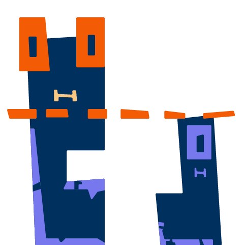 Zwei Figuren stehen nebeneinander. Die linke Figur ist groß mit orangefarbenen Augen. Die rechte Figur ist kleiner mit violetten Augen. Eine orangefarbene Linie kreuzt die kleine Figur auf Kopfhöhe und die große Figur auf Kinnhöhe.