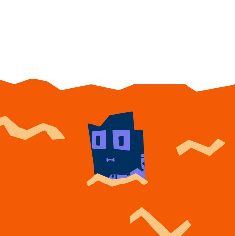 Eine dunkelblaue Figur schwimmt allein in einem orangefarbenen Gewässer mit leichtem Wellengang. Nur der Kopf der Figur schaut aus dem Wasser. Das Gewässer füllt das Bild zu zwei Drittel und es ist kein Ufer in Sicht.