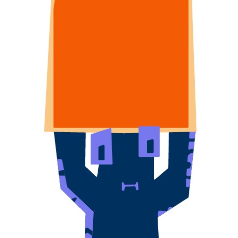 Eine dunkelblaue Figur steht mittig im Bild und hält mit Mühe eine orangefarbene, große Kiste mit beiden Händen über ihrem Kopf.