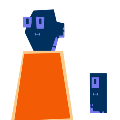 Links steht eine kleine, blaue, abstrakte Figur auf einem orangen Podest. Rechts im Bild steht eine andere, abstrakte, blaue Figur auf dem Boden und schaut zu der linken Figur nach oben.