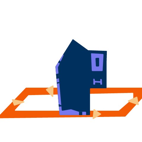 Eine dunkelblaue Figur geht in einem rechteckigen Rundlauf. Das Rechteck ist orangefarben auf dem Boden aufgemalt. Pro Rechteckseite ist ein gelbes Dreieck in Laufrichtung angebracht.