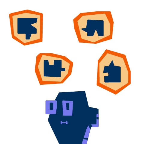 Eine dunkelblaue Figur befindet sich im unteren Teil des Bildes. Über der Figur schweben mit Abstand zueinander vier orangefarbene Blasen. In jeder dieser Blasen befindet sich ein dunkelblaues Puzzleteil.