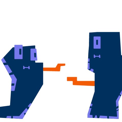 Zwei dunkelblaue Figuren stehen sich mit etwas Abstand gegenüber. Sie sind einander zugewandt. Jede Figur zeigt mit einem orangefarbenen Finger auf die jeweils andere Figur.