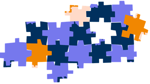 Ein Puzzle mit Teilen in unterschiedlichen Farben. Eine Lücke im Puzzle wird gerade durch ein fehlendes Teil gefüllt.