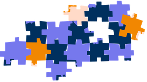 Ein Puzzle mit Teilen in unterschiedlichen Farben. Eine Lücke im Puzzle wird gerade durch ein fehlendes Teil gefüllt.