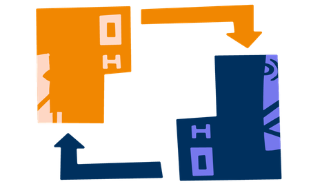 Abgebildet sind eine abstrakte blaue und eine abstrakte orange Figur. Von der blauen Figur geht ein blauer Pfeil zur orange Figur. Von der orangefarbenen Figur geht ein orangefarbener Pfeil zur blauen Figur.