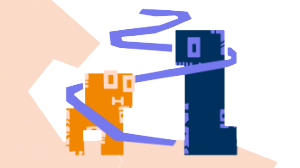 Zwei abstrakte Figuren stehen mit etwas Abstand einander zugewandt. Eine Figur ist orange, eine ist blau. Um sie herum schlingt sich locker ein lila Band. 