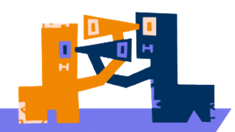 Zwei abstrakte Figuren stehen sich gegenüber. Die linke Figur ist orange und hält ein orange Fernrohr vor das Auge der rechten Figur. Die rechte Figur ist lila und hält ein lila Fernrohr vor das Auge der linken Figur.