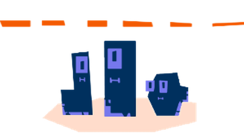 Drei abstrakte blaue Figuren stehen nebeneinander. Über den Figuren schwebt eine orange, gestrichelte Linie.
