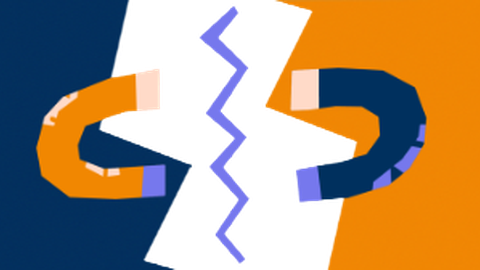 Zwei Hufeisenmagnete, die sich aufgrund der gleichgerichteten Pole voneinander abstoßen. Zwischen den Magneten befindet sich eine gezackte, lila Linie. Im Hintergrund befindet sich rechts ein oranges Schmuckelement, links ein blaues.
