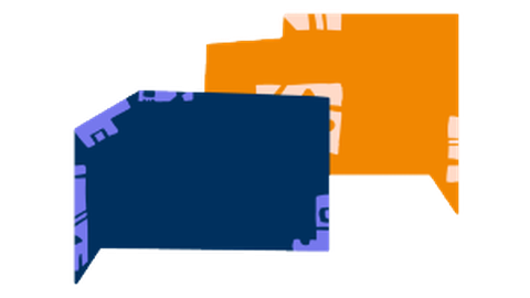 Zwei sich leicht überlappende Sprechblasen, die vordere ist blau und die hintere orange.