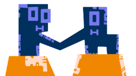 Zwei orange Podeste stehen nebeneinander und auf jedem Podest steht eine abstrakte blaue  Figur. Zwischen Ihnen befindet sich eine Lücke. Die Figuren berühren sich an den Händen und sind einander zugewandt.
