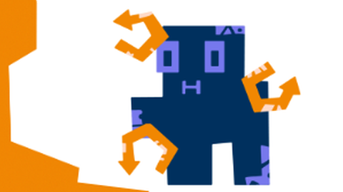 Eine abstrakte, blaue Figur steht etwa mittig im Bild. Um die Figur herum sind links oben am Kopf, links am Unterkörper sowie rechts auf Schulterhöhe orange Pfeile. Die Pfeile vollziehen je eine Kreisbewegung. 
