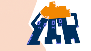 Drei abstrakte blaue Figuren stehen nebeneinander und stecken ihre Köpfe zusammen. Über ihren Köpfen befindet sich eine orangefarbene Wolke, die sie gemeinsam stützen. Linksseitig befindet sich eine gelbe Schmuckfläche.