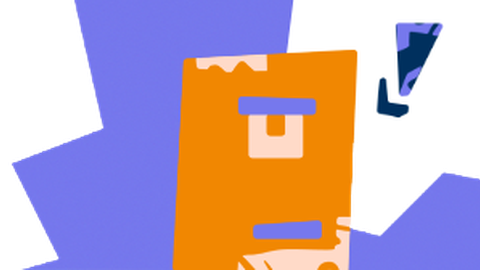 Ein orangenes Viereck stelltet ein abstraktes, genervt blickendes Gesicht mit schmalem Mund, der durch einen waagerechten Strich dargestellt wird, dar. Links neben dem Gesicht befindet sich eine lila, gezackte Fläche, rechts oben ein Ausrufezeichen.