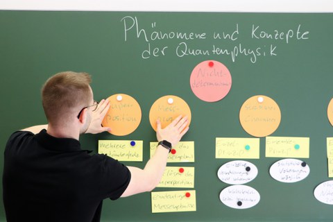 Auf dem Bild sieht man eine Person, die verschiedene bunte Kärtchen zum Thema Quantenphysik an einer Tafel befestigt.
