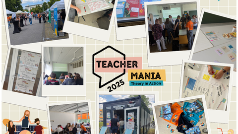 Collage aus verschiedenen Bildern der TEACHERMANIA 2025. Darauf zu sehen sind Studierende während Workshops, Lehrmaterialien und der Veranstaltungsaufbau an sich.