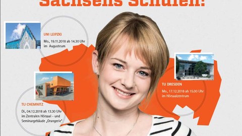 Plakat mit der Überschrift "Willkommen an Sachsens Schulen! Praktikum, Vorbereitungsdienst, Schuldienst". Im Zentrum ist das Porträt einer jungen Frau, die in die Kamera lächelt. Im Hintergrund ist eine Karte von Sachsen.