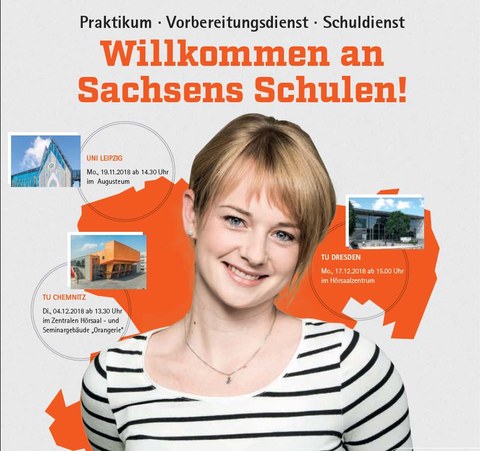Plakat mit der Überschrift "Willkommen an Sachsens Schulen! Praktikum, Vorbereitungsdienst, Schuldienst". Im Zentrum ist das Porträt einer jungen Frau, die in die Kamera lächelt. Im Hintergrund ist eine Karte von Sachsen.