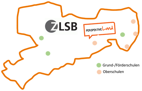 Abgebildet ist der Umriss des Bundesland Sachsen mit den Logos des ZLSB und der Perspektive Land