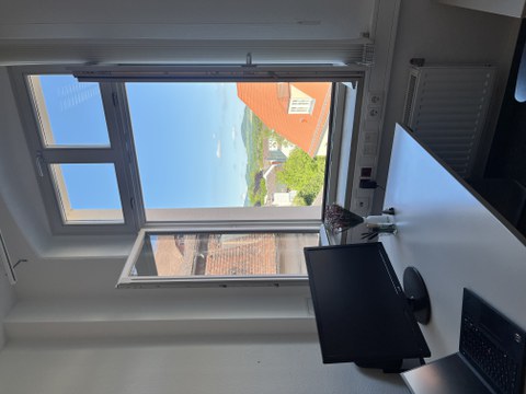 Büro mit Schreibtisch am Fenster mit Blick nach draußen. 