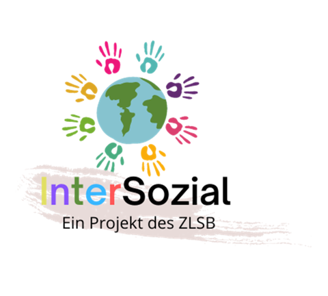 Das Bild zeigt das Logo des Projekts "Intersozial", auf dem eine ein Erdball mit bunten Handabdrücken sowie der Schriftzug "Intersozial - Ein Projekt des ZLSB" abgebildet ist.