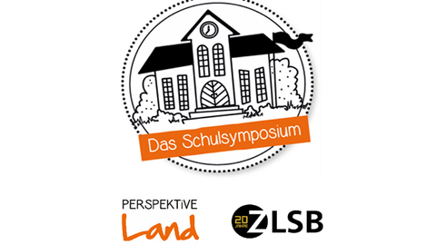 Das Bild zeigt eine Grafik mit einem Haus und der Unterschrift "Das Schulsymposium". Im unteren Teil des Bildes sieht man noch die Logos von "Perspektive Land" und dem ZLSB.