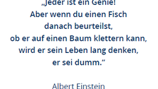 Abgebildet ist ein Spruch. Darauf ist ein Zitat von Albert Einstein zu lesen: "Jeder ist ein Genie! Aber wenn du einen Fisch danach beurteilst, ob er auf einen Baum klettern kann, wird er sein Leben lang denken, er sei dumm."