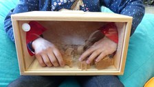 Ein Kind ertastet im Fühlkasten eine Holzfigur.