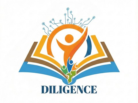 Ein farbiges Logo zeigt ein geöffnetes Buch, aus dem eine große stilisierte Figur aufsteigt, umgeben von kleineren Figuren und digitalen Symbolen. Darunter steht „DILIGENCE“.