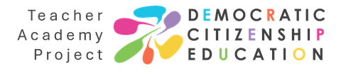 Sechs farbige Sprechblasen sind kreisförmig angeordnet. Daneben steht der Schriftzug „Democratic Citizenship Education“