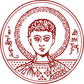 Rundes Logo mit der Darstellung des Heiligen Demetrios in der Mitte, umgeben von einem Kreis. Daneben der Schriftzug: Universität Thessaloniki
