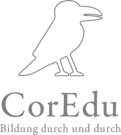 Silhouette eines Rabes in grau, darunter der Schriftzug: CorEdu