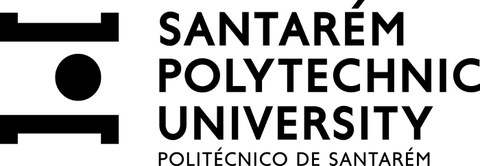 Modernes Logo mit abstrahiertem grafischem Symbol und dem Schriftzug „Politécnico de Santarém“