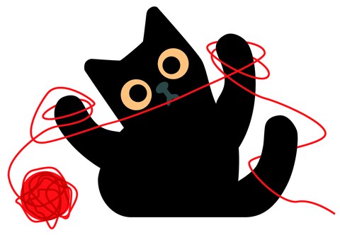 Grafik einer schwarzen Katze, die mit einem roten Faden spielt und sich darin verheddert hat