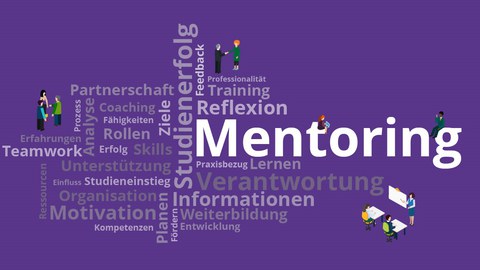 Wortwolke mit Begriffen wie Mentoring, Reflexion, Verantwortung und Studienerfolg