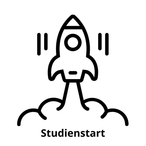 Auf der Grafik ist eine startende Rakete mit der Bildunterschrift "Studienstart" zu sehen.